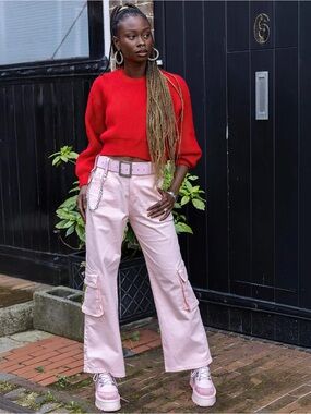 90's Baby Pink Wide Leg Oversized Stretch Cargo Trousers